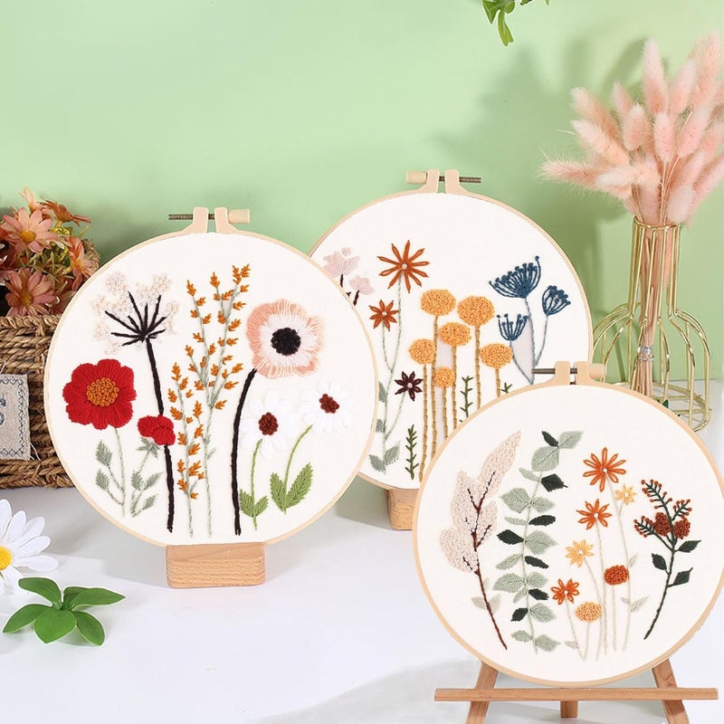 Ohcol 3 Sets Embroidery Kit,Needlepoint Kits for Adults,Needle Point Cross Stitch Kits for Beginners with Washable Pre-Printed Floral Pattern,3 Hoops,Women DIY Hand Crafts - Image 3